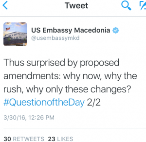 Твитерот на Амбасадата на САД што ги премисли партнерите на Груевски 